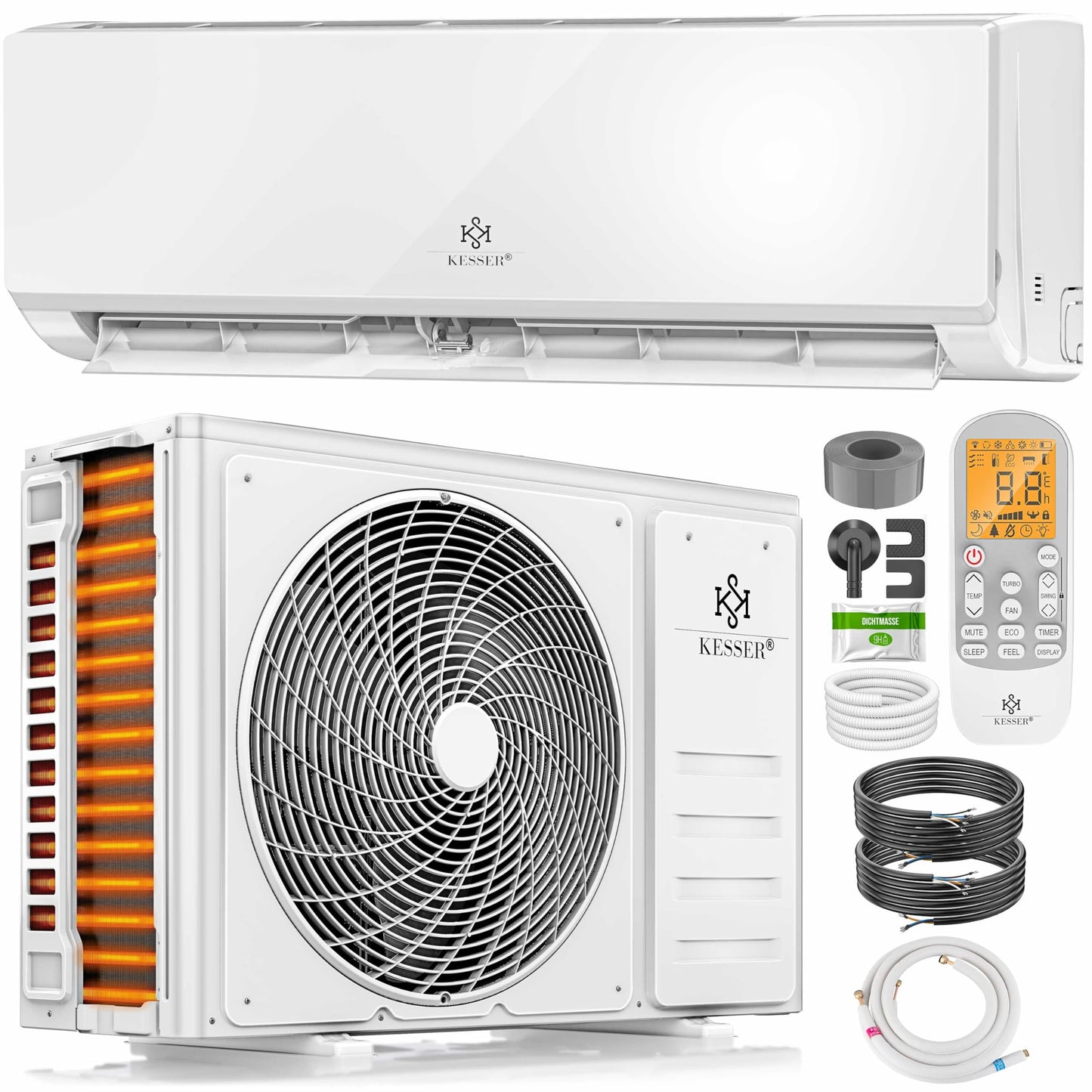 KESSER® Klimaanlage Set Split, WiFi/App Funktion Klimagerät, Kühlen A++/Heizen A+, 9000 BTU/h (2.600W) sehr leise, Kältemittel R32, Fernbedienung, Timerfunktion, Montagematerial, Weiß