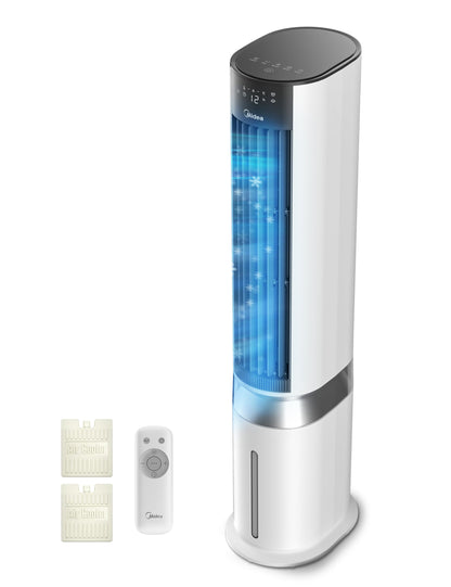 Midea Silent Air Cooler Pro 4-in-1 Mobile Klimaanlage Leiser:Luftkühler,Turmgebläse,Luftbefeuchter und Luftreiniger,mit Fernbedienung,5L Wassertank,355m³/h Luftdurchsatz,55W,LED-Display,Timer,Weiß