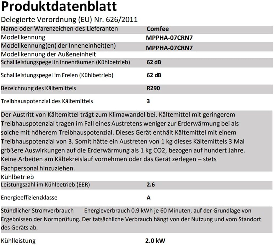 Comfee Mobiles Klimagerät MPPHA-07CRN7, 7000 BTU 2,0kW, Kühlen&Ventilieren&Entfeuchten, Raumgröße bis 68m³(25㎡), Mobile Klimaanlage mit Abluftschlauch
