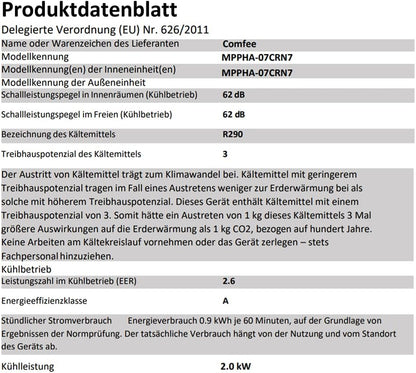 Comfee Mobiles Klimagerät MPPHA-07CRN7, 7000 BTU 2,0kW, Kühlen&Ventilieren&Entfeuchten, Raumgröße bis 68m³(25㎡), Mobile Klimaanlage mit Abluftschlauch