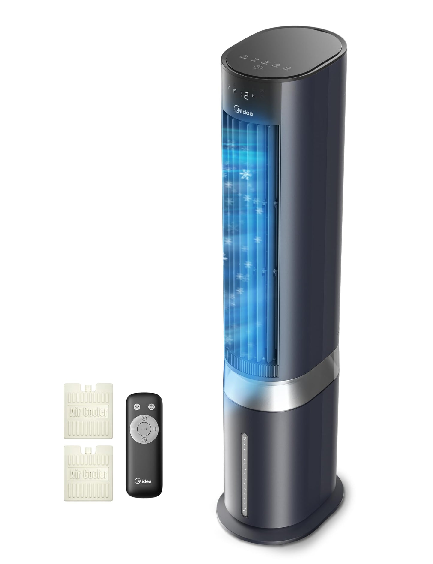 Midea Silent Air Cooler Pro 4-in-1 Mobile Klimaanlage Leiser:Luftkühler,Turmgebläse,Luftbefeuchter und Luftreiniger,mit Fernbedienung,5L Wassertank,355m³/h Luftdurchsatz,55W,LED-Display,Timer,Weiß