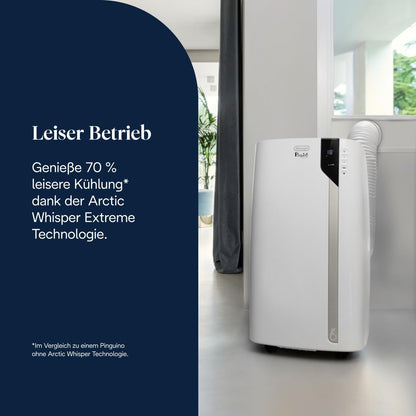 De'Longhi Pinguino Extreme - Mobiles Klimagerät, für Räume bis 33,5 m², mit Luftentfeuchter & Ventilator, 8900 BTU, Leiser Betrieb, Eco-Real-Feel, 24h-Timer, Energieeffizienzklasse A+ (PACEX93)
