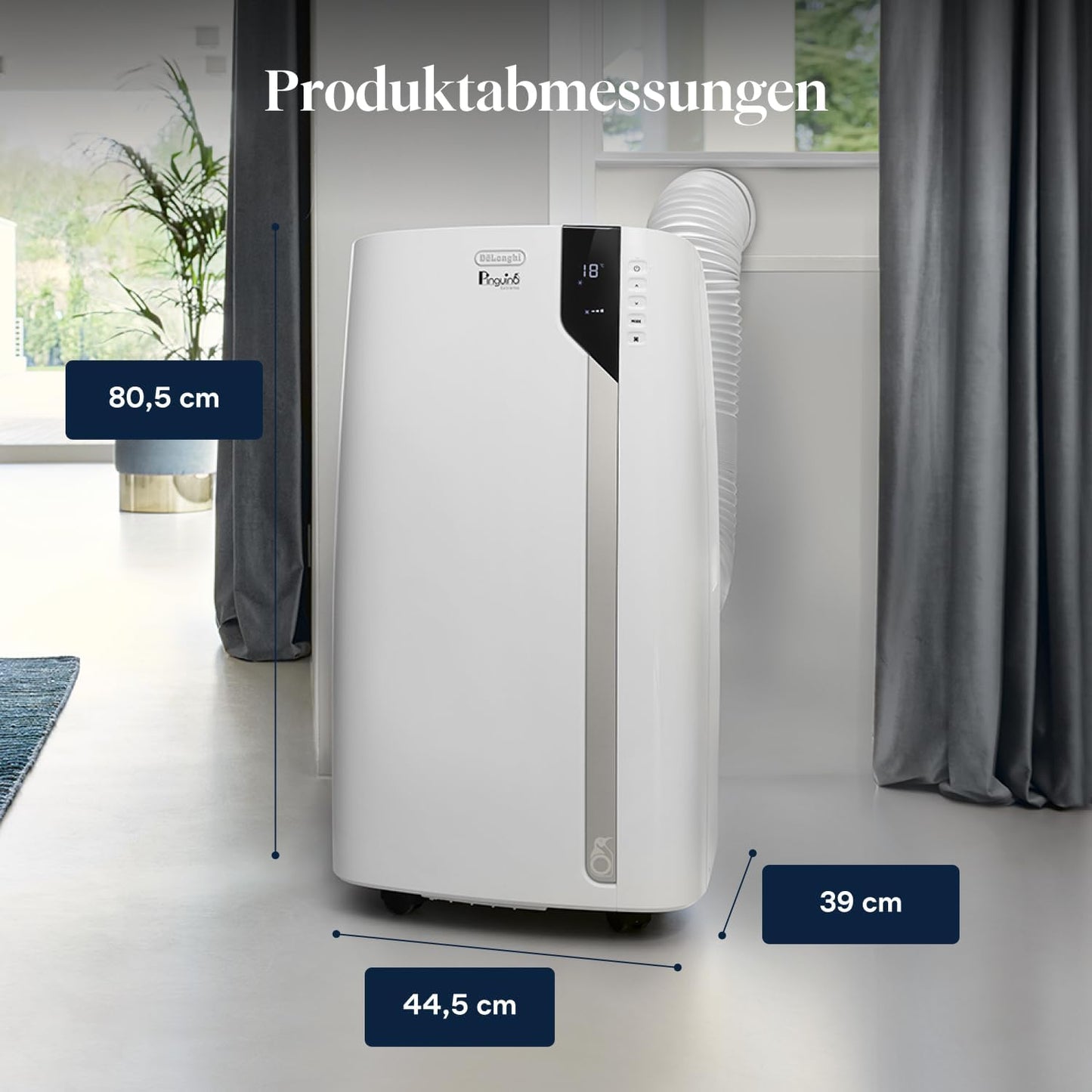 De'Longhi Pinguino Extreme - Mobiles Klimagerät, für Räume bis 33,5 m², mit Luftentfeuchter & Ventilator, 8900 BTU, Leiser Betrieb, Eco-Real-Feel, 24h-Timer, Energieeffizienzklasse A+ (PACEX93)