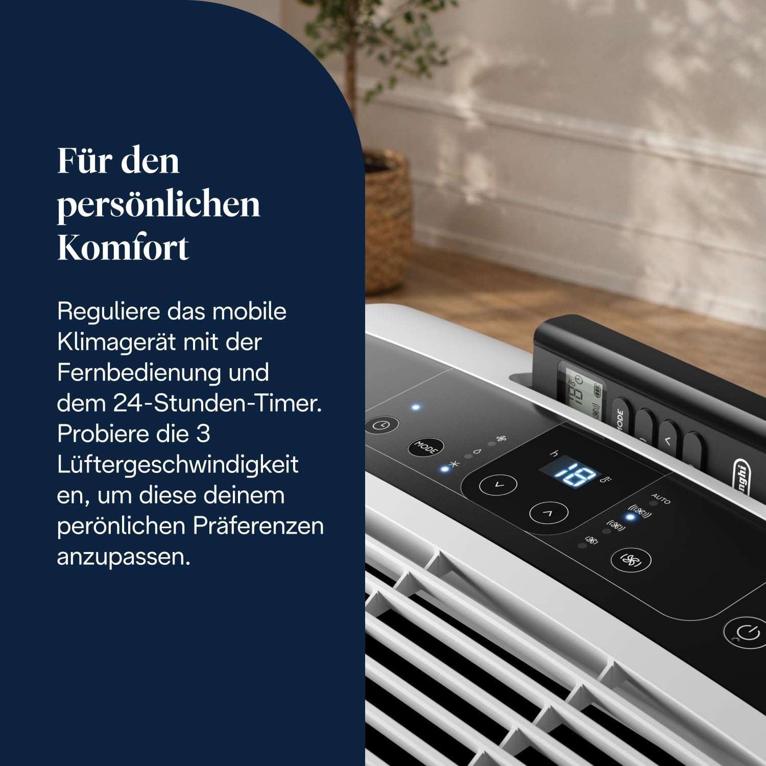 De'Longhi Pinguino - 3-in-1 Mobiles Klimagerät, für Räume bis 27 m², mit Luftentfeuchter & Ventilator, 9400 BTU, Leiser Betrieb, Fernbedienung, 24h-Timer, Energieeffizienzklasse A (PACEM82)
