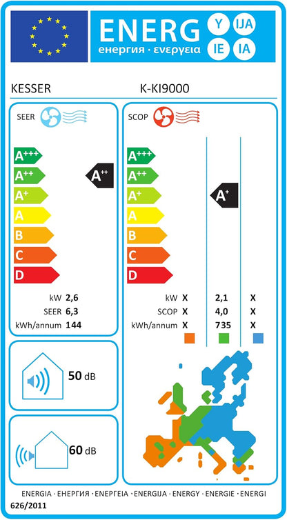 KESSER® Klimaanlage Set Split, WiFi/App Funktion Klimagerät, Kühlen A++/Heizen A+, 9000 BTU/h (2.600W) sehr leise, Kältemittel R32, Fernbedienung, Timerfunktion, Montagematerial, Weiß