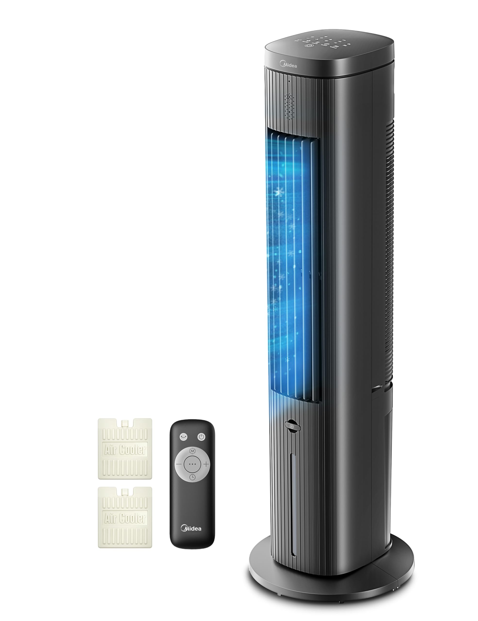 Midea Silent Air Cooler Pro 4-in-1 Mobile Klimaanlage Leiser:Luftkühler,Turmgebläse,Luftbefeuchter und Luftreiniger,mit Fernbedienung,5L Wassertank,355m³/h Luftdurchsatz,55W,LED-Display,Timer,Weiß