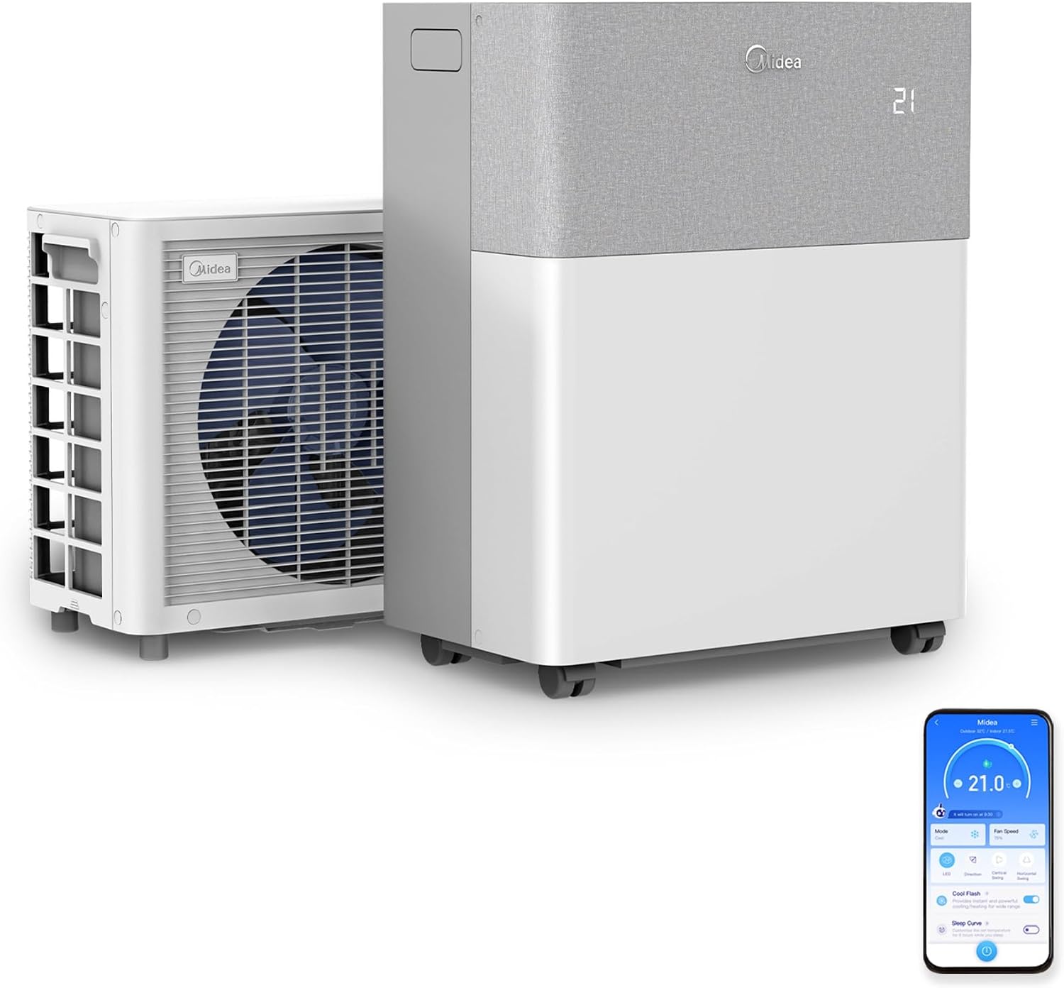 Midea Portasplit Mobile Wärmepumpe, Klimaanlage, Kühlen A++/Heizen A+, 12000 BTU 3, 5kW, für Räume bis zu 42 m² / 105 m³, nur 39 dB(A) im Silent-Modus