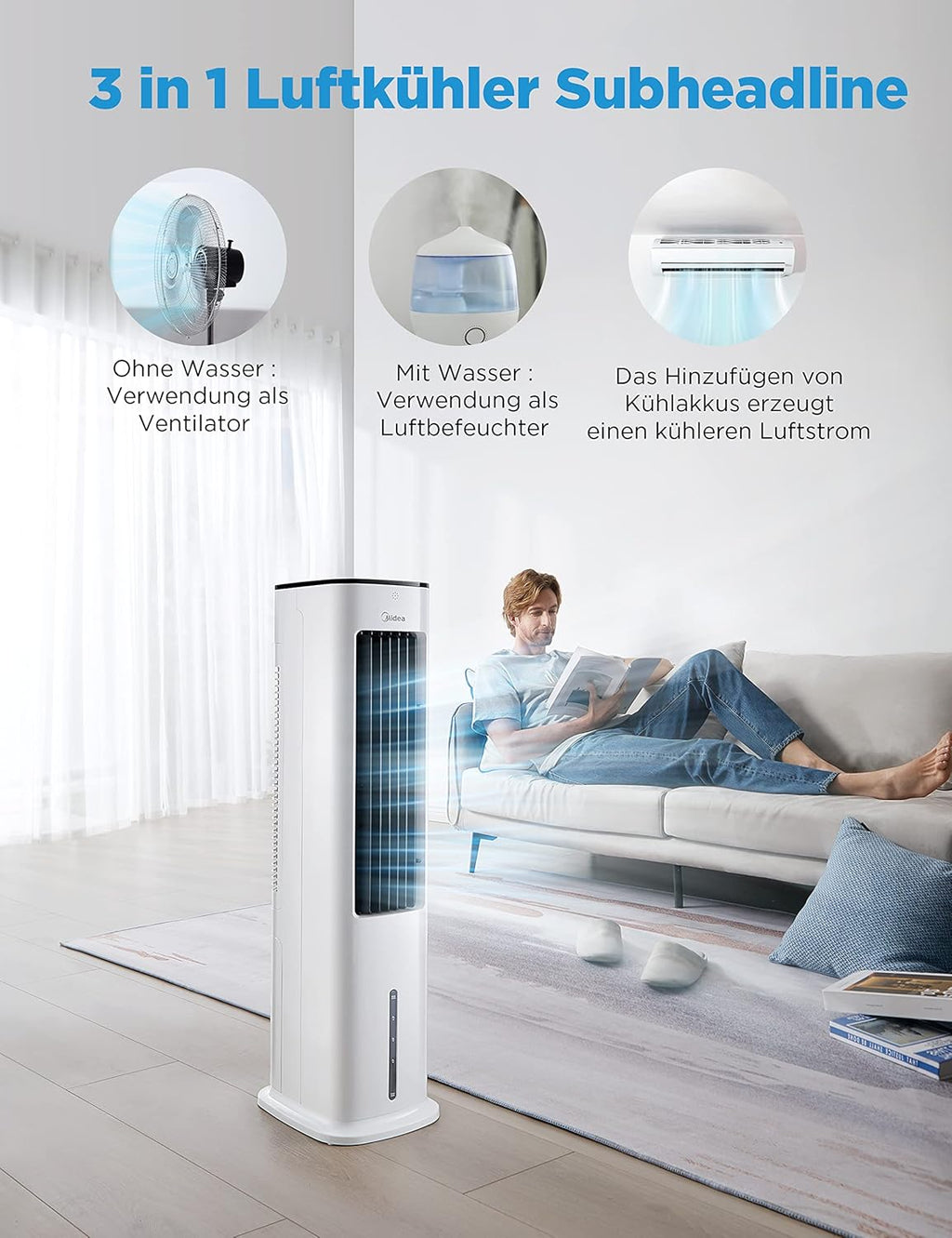 Midea Silent Air Cooler Pro 4-in-1 Mobile Klimaanlage Leiser:Luftkühler,Turmgebläse,Luftbefeuchter und Luftreiniger,mit Fernbedienung,5L Wassertank,355m³/h Luftdurchsatz,55W,LED-Display,Timer,Weiß