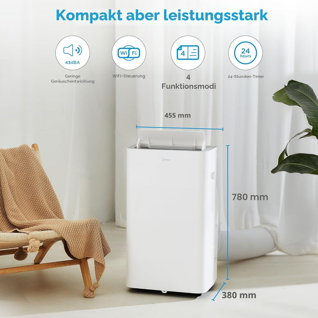 Midea Mobiles Klimagerät Silent Cool 26 Pro WF, 3-in-1 Klimaanlage mit Abluftschlauch, Kühlen&Entfeuchten&Ventilieren, 9000 BTU, 2.6kW, für Räume ca. 80m³(32㎡), EEK A