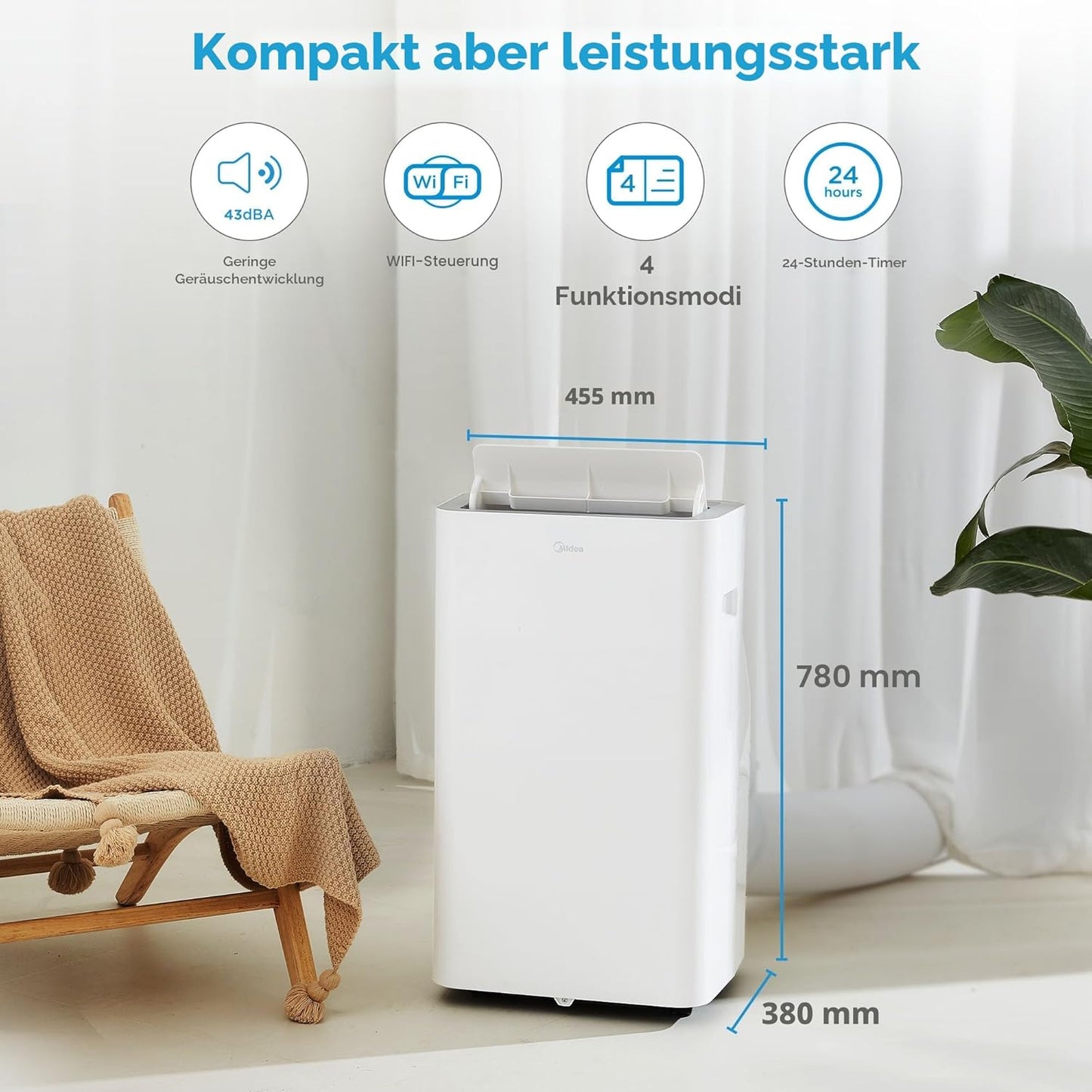 Midea Mobiles Klimagerät Silent Cool 26 Pro WF, 3-in-1 Klimaanlage mit Abluftschlauch, Kühlen&Entfeuchten&Ventilieren, 9000 BTU, 2.6kW, für Räume ca. 80m³(32㎡), EEK A