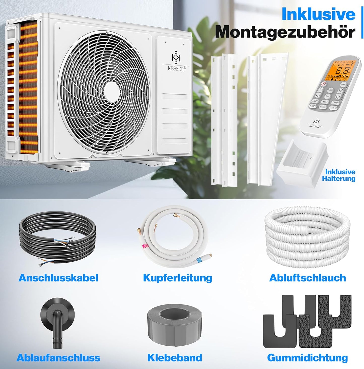 KESSER® Klimaanlage Set Split, WiFi/App Funktion Klimagerät, Kühlen A++/Heizen A+, 9000 BTU/h (2.600W) sehr leise, Kältemittel R32, Fernbedienung, Timerfunktion, Montagematerial, Weiß