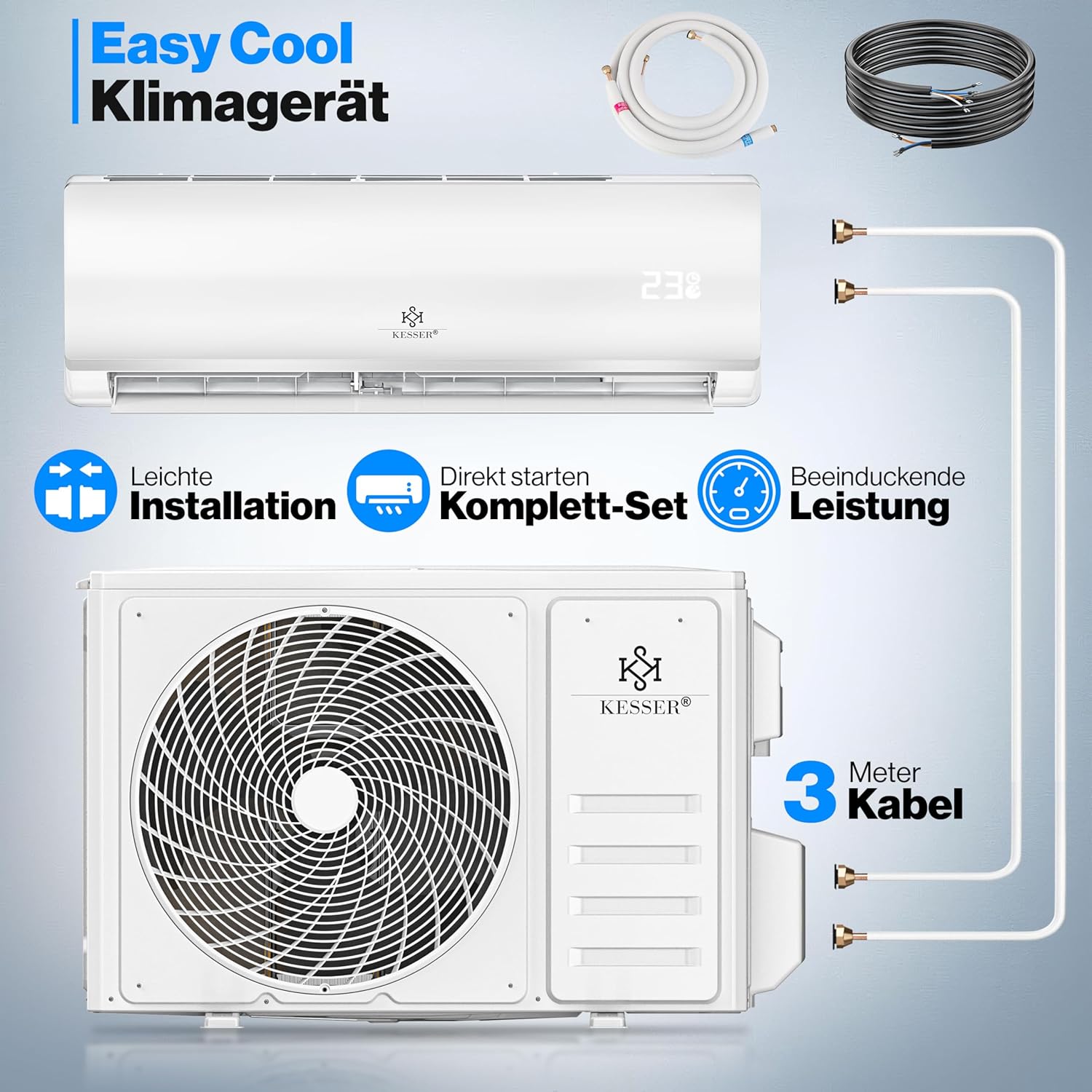 KESSER® Klimaanlage Set Split, WiFi/App Funktion Klimagerät, Kühlen A++/Heizen A+, 9000 BTU/h (2.600W) sehr leise, Kältemittel R32, Fernbedienung, Timerfunktion, Montagematerial, Weiß