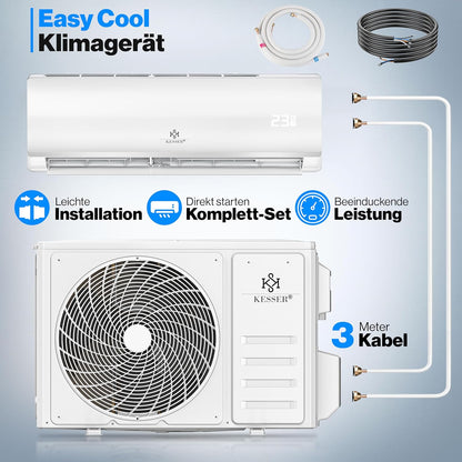 KESSER® Klimaanlage Set Split, WiFi/App Funktion Klimagerät, Kühlen A++/Heizen A+, 9000 BTU/h (2.600W) sehr leise, Kältemittel R32, Fernbedienung, Timerfunktion, Montagematerial, Weiß