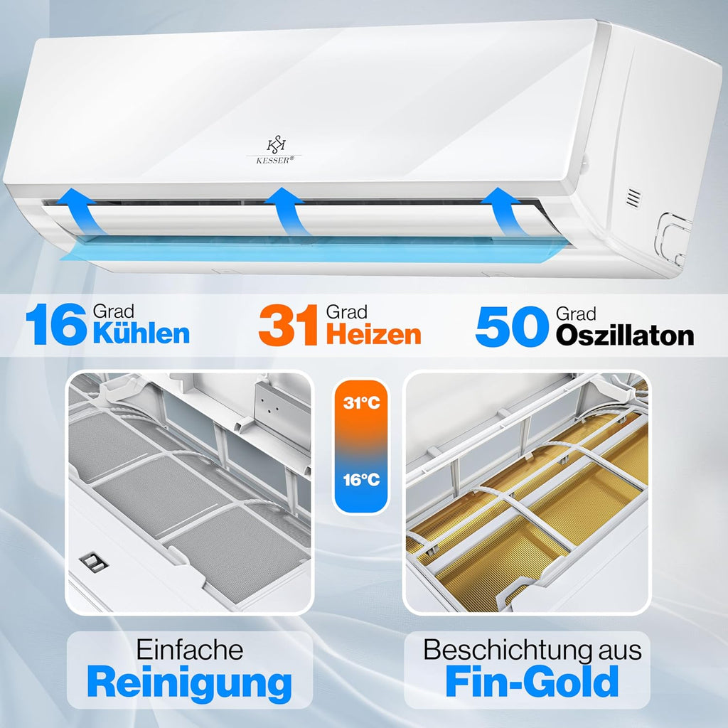 KESSER® Klimaanlage Set Split, WiFi/App Funktion Klimagerät, Kühlen A++/Heizen A+, 9000 BTU/h (2.600W) sehr leise, Kältemittel R32, Fernbedienung, Timerfunktion, Montagematerial, Weiß
