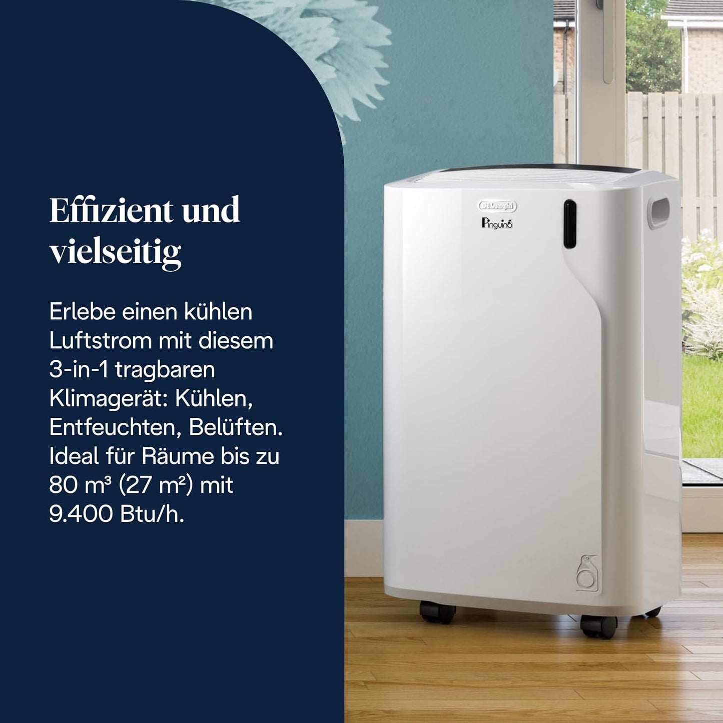 De'Longhi Pinguino - 3-in-1 Mobiles Klimagerät, für Räume bis 27 m², mit Luftentfeuchter & Ventilator, 9400 BTU, Leiser Betrieb, Fernbedienung, 24h-Timer, Energieeffizienzklasse A (PACEM82)