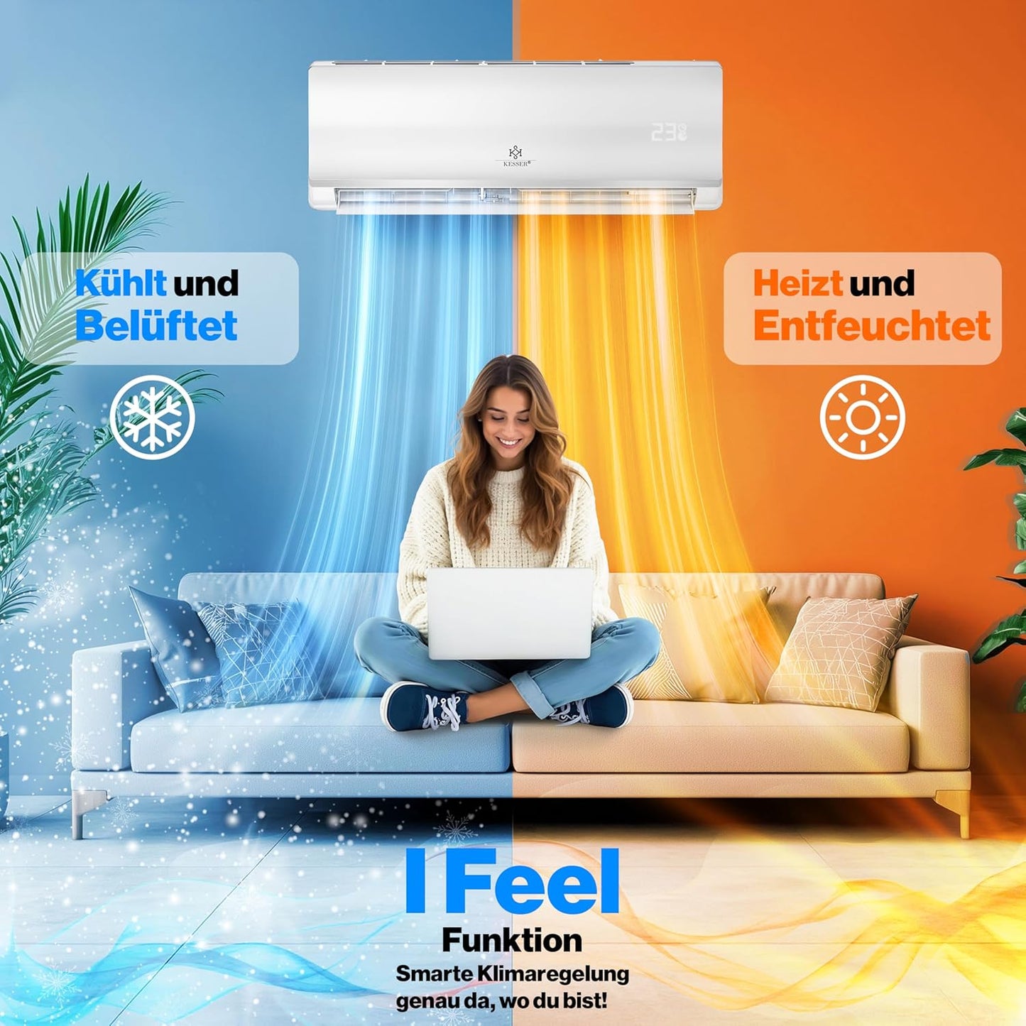 KESSER® Klimaanlage Set Split, WiFi/App Funktion Klimagerät, Kühlen A++/Heizen A+, 9000 BTU/h (2.600W) sehr leise, Kältemittel R32, Fernbedienung, Timerfunktion, Montagematerial, Weiß