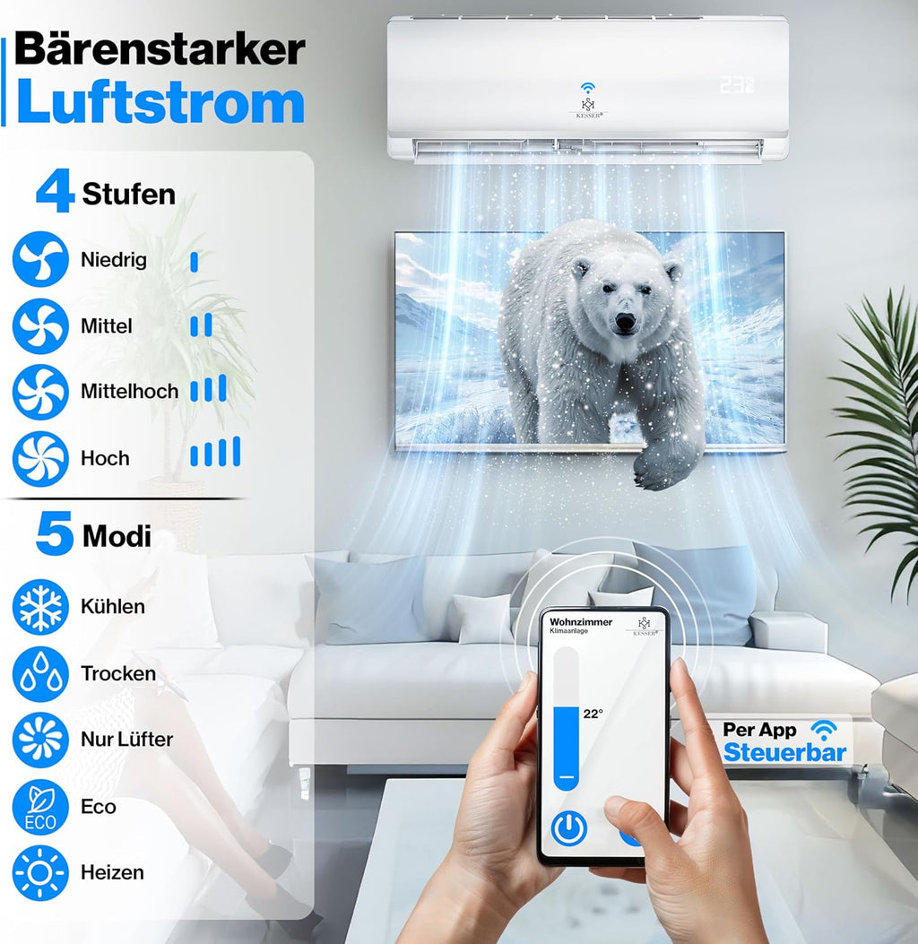 KESSER® Klimaanlage Set Split, WiFi/App Funktion Klimagerät, Kühlen A++/Heizen A+, 9000 BTU/h (2.600W) sehr leise, Kältemittel R32, Fernbedienung, Timerfunktion, Montagematerial, Weiß