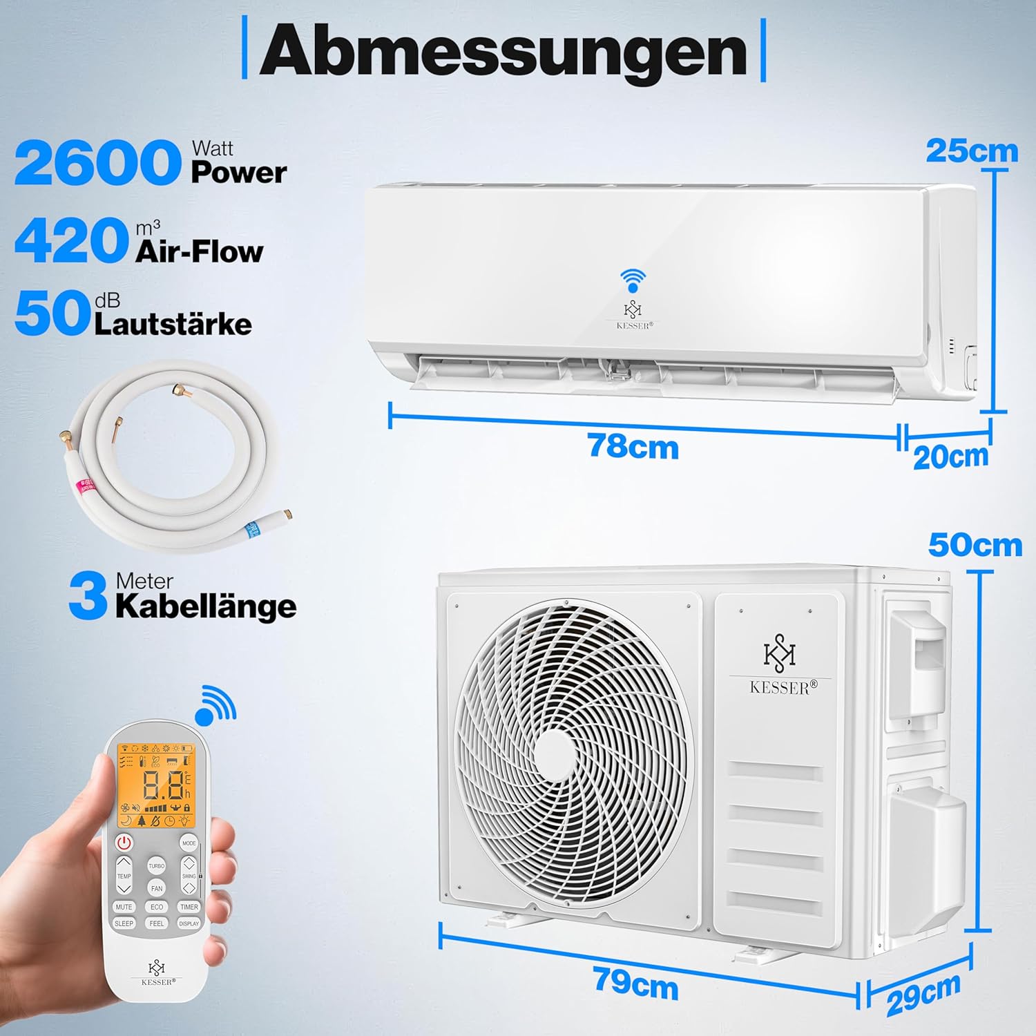 KESSER® Klimaanlage Set Split, WiFi/App Funktion Klimagerät, Kühlen A++/Heizen A+, 9000 BTU/h (2.600W) sehr leise, Kältemittel R32, Fernbedienung, Timerfunktion, Montagematerial, Weiß