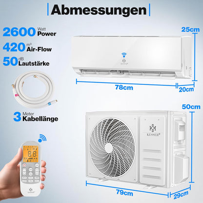 KESSER® Klimaanlage Set Split, WiFi/App Funktion Klimagerät, Kühlen A++/Heizen A+, 9000 BTU/h (2.600W) sehr leise, Kältemittel R32, Fernbedienung, Timerfunktion, Montagematerial, Weiß