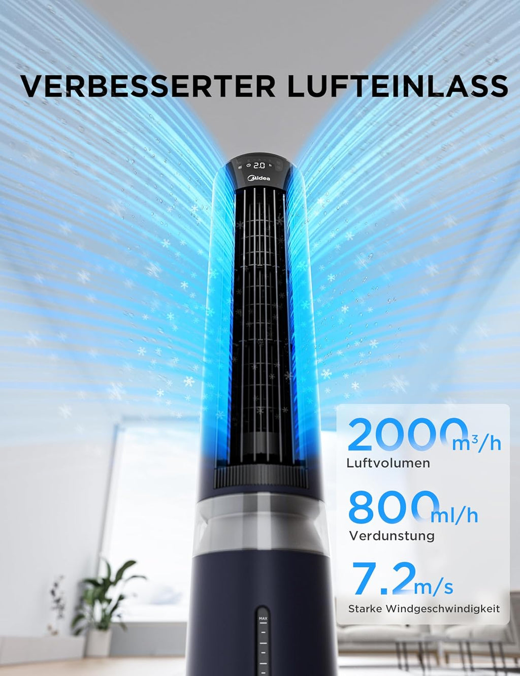Midea Sensicool Luftkühler mit 7L Wasserkühlung | Mobile Klimaanlage ohne Abluftschlauch | Ventilator mit Wasserkühlung | 2000m³/h Verdunstungskühler, 6 Geschwindigkeiten, Touch-Display (Blau)
