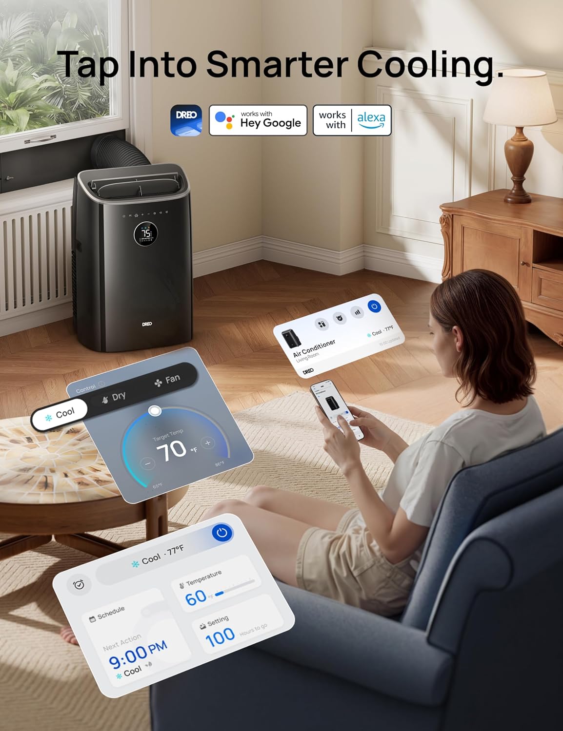 Dreo Portable Air Conditioners with APP/Voice/Remote Control, AC Unit for Bedroom, 24h Timer with Fan & Dehumidifier, Smart Air Conditioner for Indoors, Room, Office, Includes AC Unit Window Kit