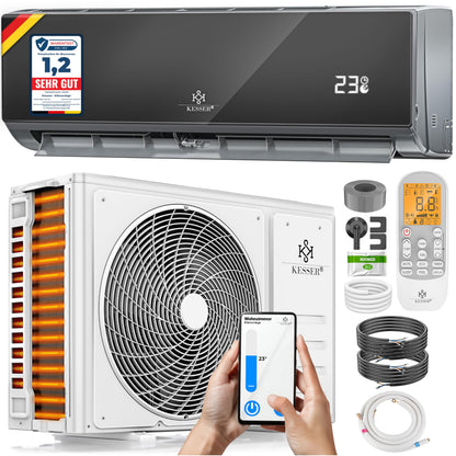 KESSER® Klimaanlage Set Split, WiFi/App Funktion Klimagerät, Kühlen A++/Heizen A+, 9000 BTU/h (2.600W) sehr leise, Kältemittel R32, Fernbedienung, Timerfunktion, Montagematerial, Weiß